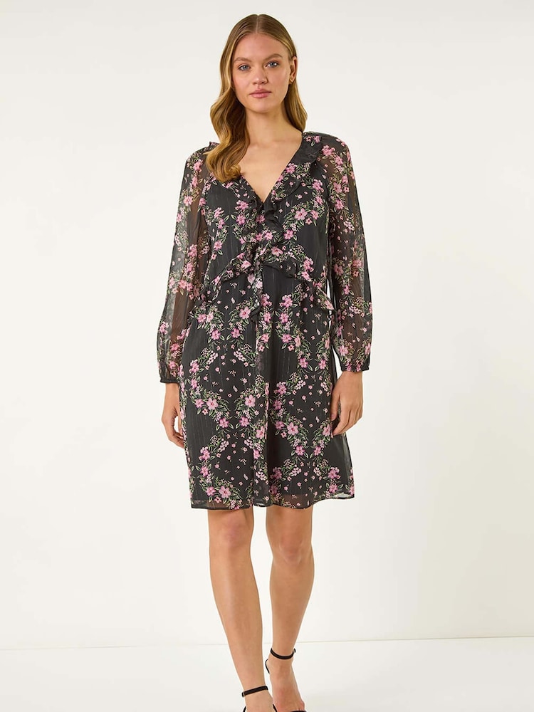 Roman Black Floral Print Frill Dress - Image 2 of 5