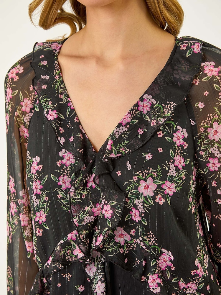 Roman Black Floral Print Frill Dress - Image 5 of 5