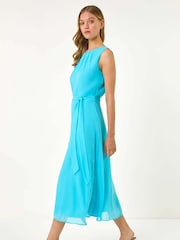 Roman Blue Ground Chiffon Pleat Neck Midi Dress - Image 1 of 5