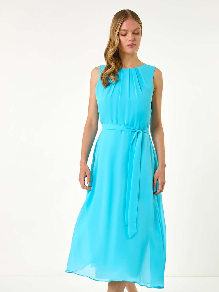 Roman Blue Ground Chiffon Pleat Neck Midi Dress - Image 2 of 5