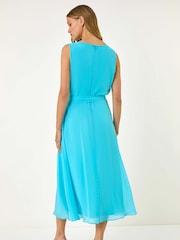 Roman Blue Ground Chiffon Pleat Neck Midi Dress - Image 3 of 5