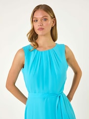 Roman Blue Ground Chiffon Pleat Neck Midi Dress - Image 5 of 5