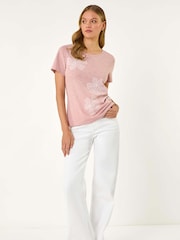 Roman Pink Floral Print Pearl Detail T-Shirt - Image 2 of 5