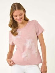 Roman Pink Floral Print Pearl Detail T-Shirt - Image 4 of 5