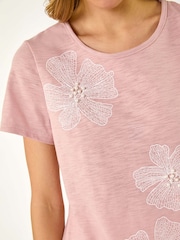 Roman Pink Floral Print Pearl Detail T-Shirt - Image 5 of 5
