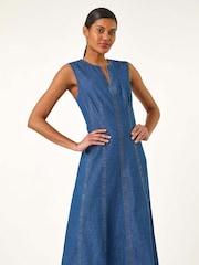 Roman Blue Panel Detail 100% Cotton Midi Dress - Image 1 of 5