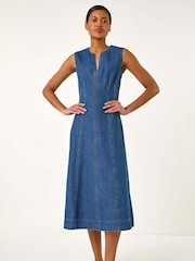 Roman Blue Panel Detail 100% Cotton Midi Dress - Image 2 of 5