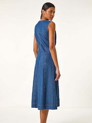 Roman Blue Panel Detail 100% Cotton Midi Dress - Image 3 of 5