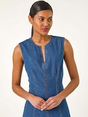 Roman Blue Panel Detail 100% Cotton Midi Dress - Image 4 of 5