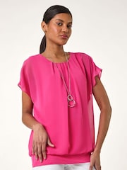 Roman Pink Chiffon Jersey Blouson Blouse with Necklace - Image 2 of 5