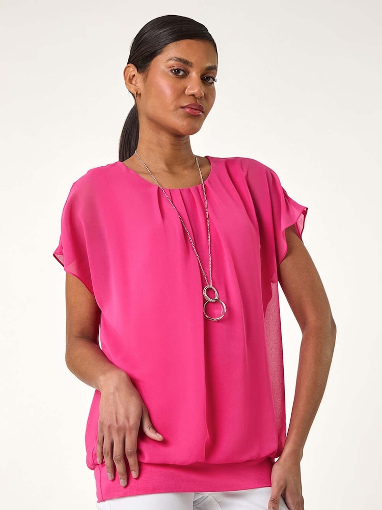 Roman Pink Chiffon Jersey Blouson Blouse with Necklace - Image 2 of 5