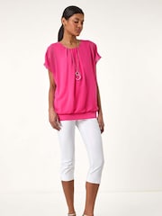 Roman Pink Chiffon Jersey Blouson Blouse with Necklace - Image 4 of 5