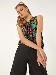 Roman Black Elastic Waist Button Wide Leg Shorts - Image 1 of 5