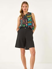 Roman Black Elastic Waist Button Wide Leg Shorts - Image 2 of 5