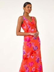 Roman Orange Floral Cowl Neck Midi Dress - Image 1 of 5