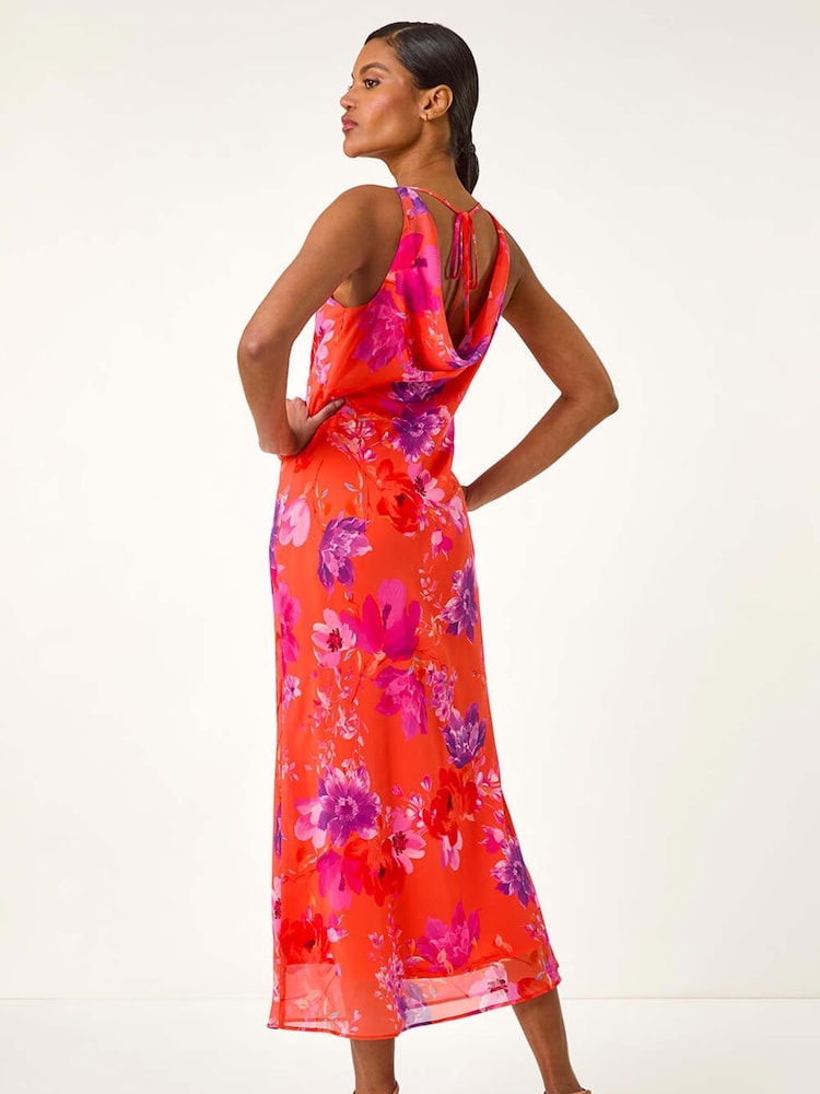 Roman Orange Floral Cowl Neck Midi Dress - Image 2 of 5