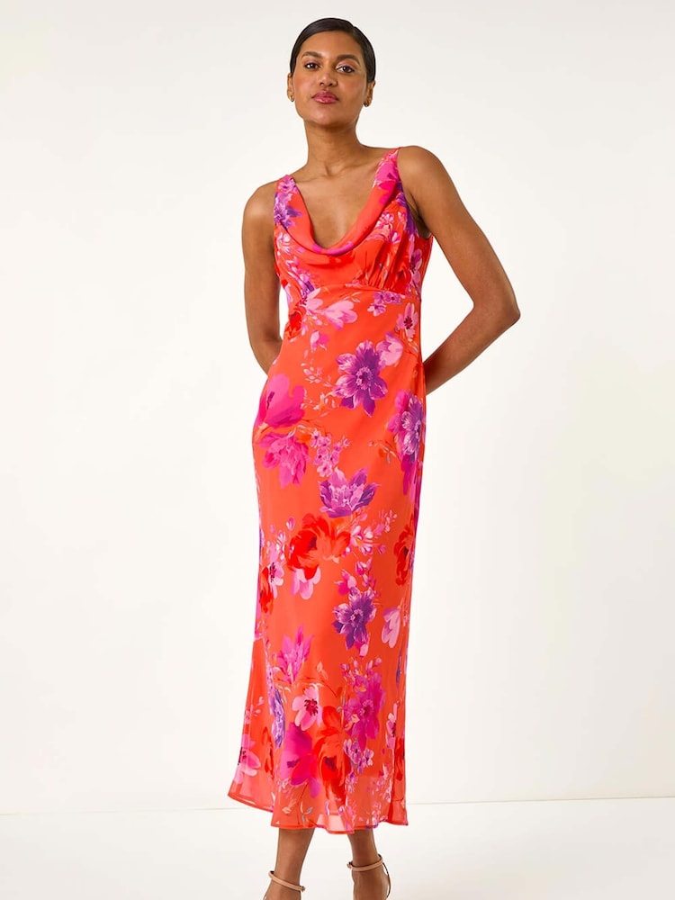 the sei twist cowl ruched dress Midi Dress Orange Cowl Dress The Sei Twist Cowl Ruched Papaya Orange Silk  Long Midi Dress