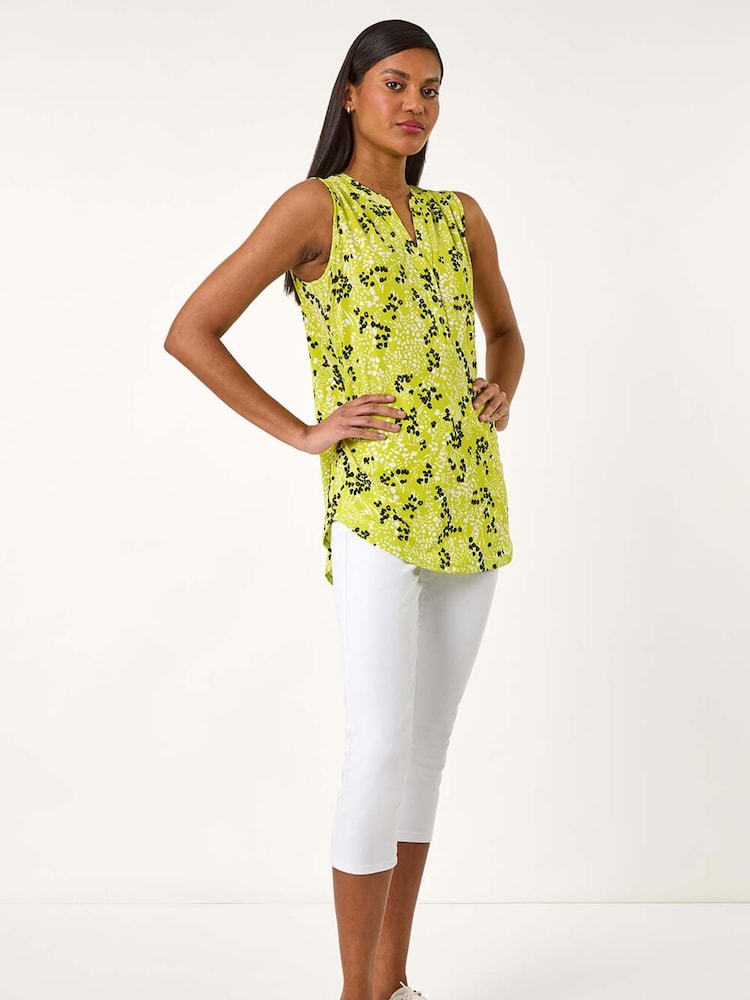 Roman Green Floral Print Buttoned Stretch Vest Top - Image 5 of 5