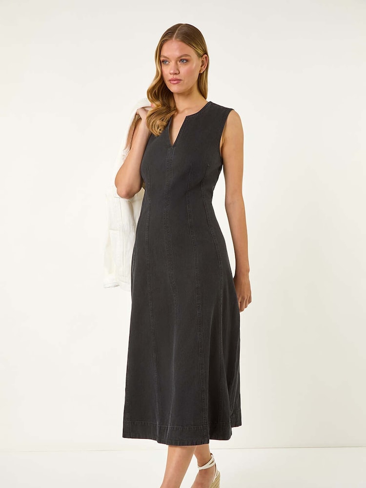 Roman Black Panel Detail 100% Cotton Midi Dress - Image 1 of 5