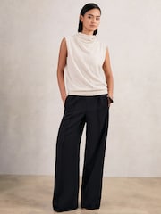 Reiss Navy Robyn Petite Wide Leg Elasticated Waist Trousers - Image 1 of 7