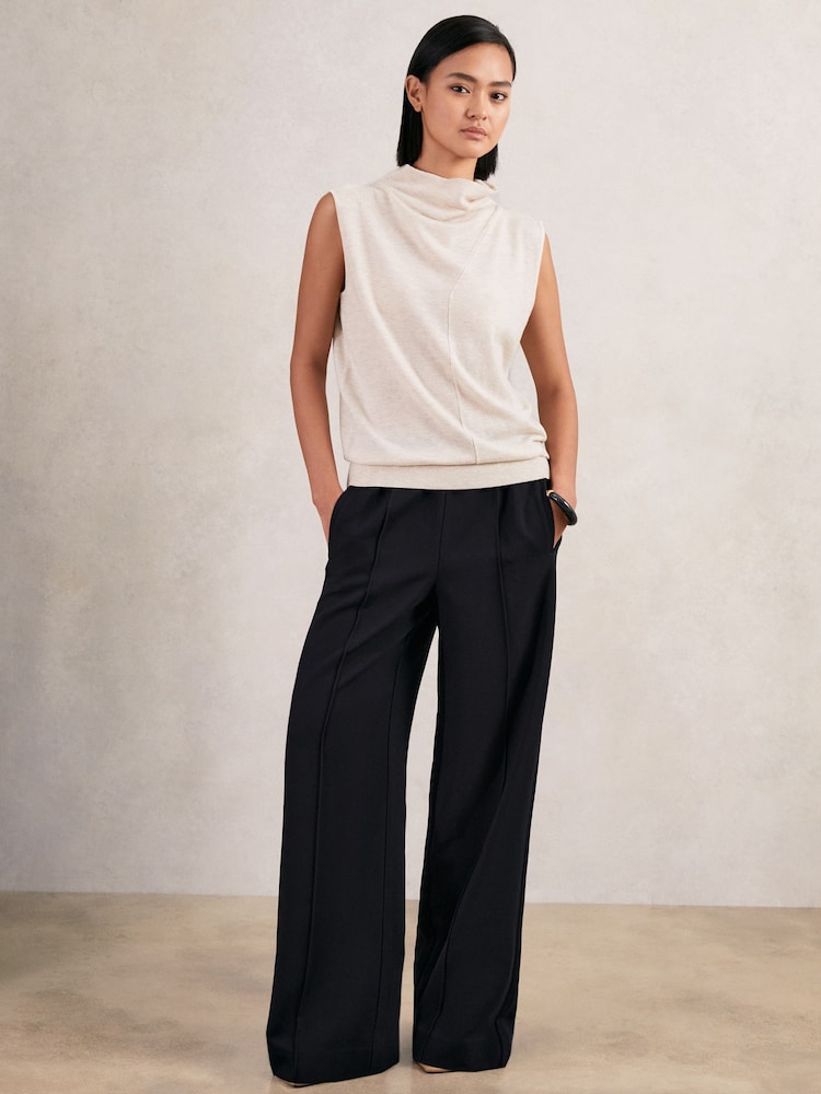 Reiss Navy Robyn Petite Wide Leg Elasticated Waist Trousers - Image 1 of 7