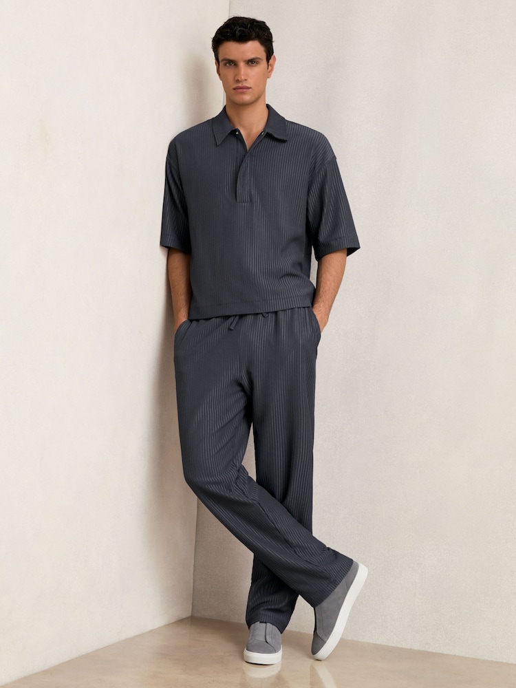 Reiss Petrol Blue Anderson Textured Stripe Drawstring Trousers - Image 1 of 7