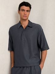 Reiss Petrol Blue Tobi Oversized Textured Stripe Polo Shirt - Image 1 of 6