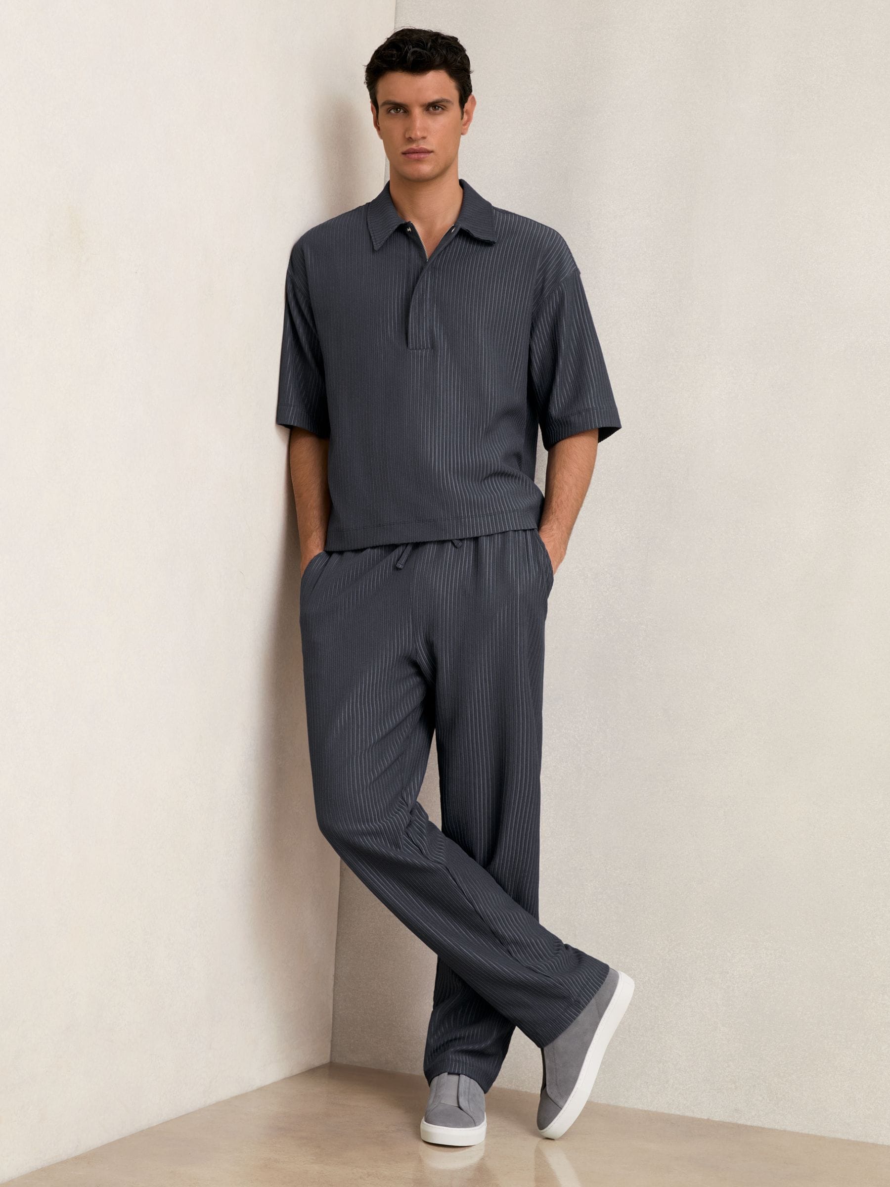 Buy Reiss Petrol Blue Tobi Oversized Textured Stripe Polo Shirt