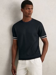 Reiss Navy Blue Oscar Textured Crew-Neck Tipped T-Shirt - Image 1 of 5
