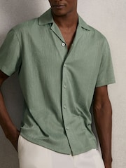 Reiss Mint Green Ando Jacquard-Stripe Cuban-Collar Shirt - Image 1 of 6