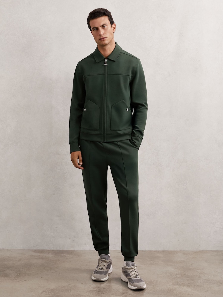 Reiss Dark Sage Green Hale Leather-Placket Interlock Sweatshirt - Image 1 of 7 Reiss Dark Sage Green Hale Leather-Placket Interlock Sweatshirt - Image 1 of 7