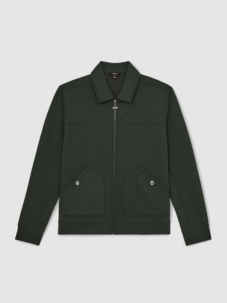Reiss Dark Sage Green Hale Leather-Placket Interlock Sweatshirt - Image 2 of 7