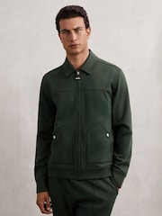 Reiss Dark Sage Green Hale Leather-Placket Interlock Sweatshirt - Image 4 of 7