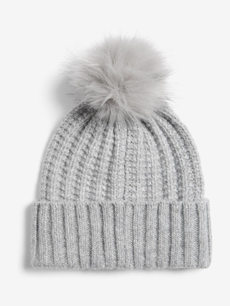 Lipsy Grey Shimmer Ribbed Pom Hat - Image 4 of 4