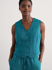 Seasalt Cornwall Teal Blue Blinker Linen Waistcoat - Image 1 of 1