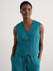 Seasalt Cornwall Teal Blue Blinker Linen Waistcoat - Image 2 of 5