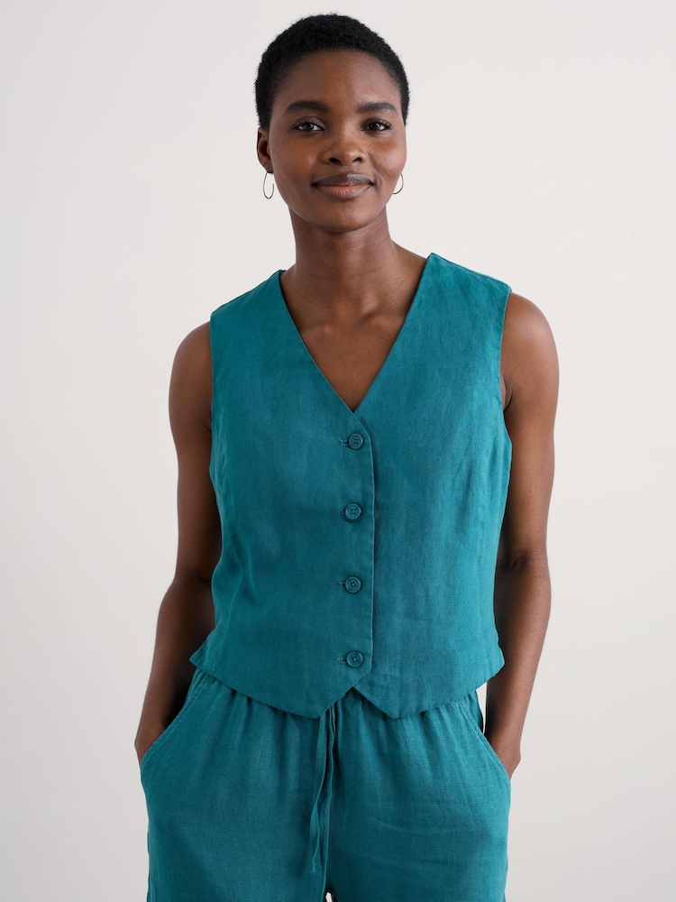 Seasalt Cornwall Teal Blue Blinker Linen Waistcoat - Image 2 of 5