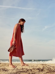 Seasalt Cornwall Orange Cresting Waves Sleeveless 100% Linen Dress - Image 3 of 11