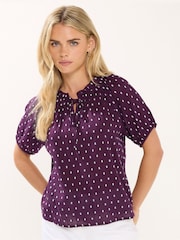 M&Co Purple Petite Dobby Short Sleeve Boho Shirt - Image 1 of 5