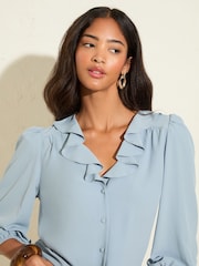 Friends Like These Blue 3/4 Sleeve Ruffle Button Blouse - Image 2 of 4