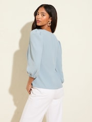 Friends Like These Blue 3/4 Sleeve Ruffle Button Blouse - Image 4 of 4