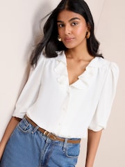 Friends Like These Cream 3/4 Sleeve Ruffle Button Blouse - Image 1 of 4