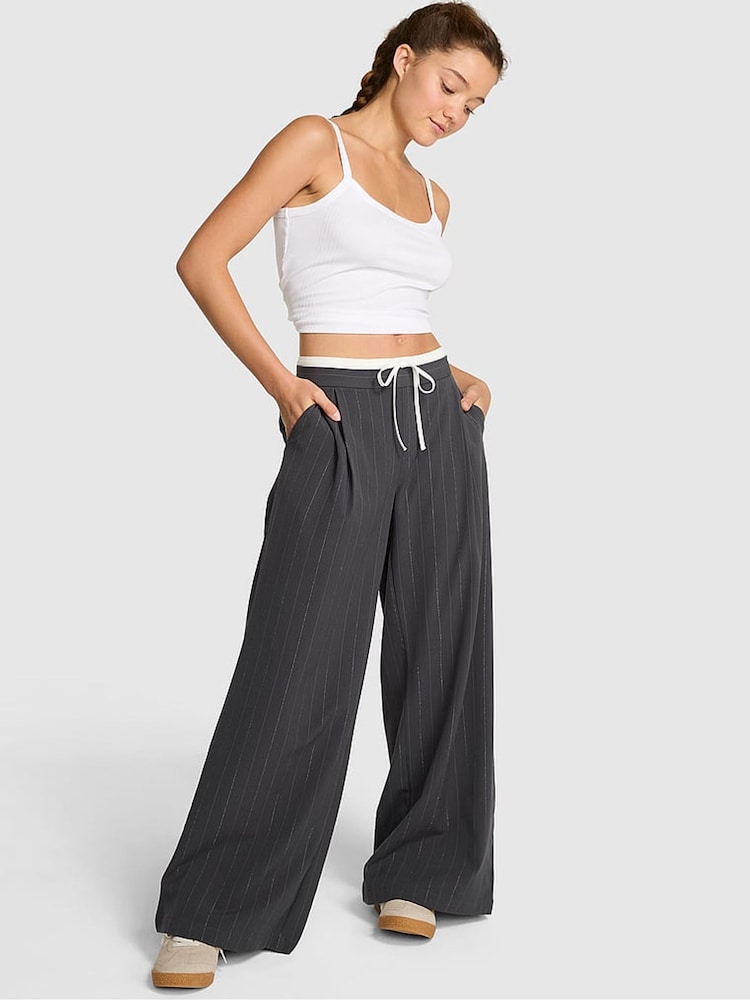 Victoria's Secret PINK Grey Pinstripe Twill Trousers - Image 1 of 5 Victoria's Secret PINK Grey Pinstripe Twill Trousers - Image 1 of 5