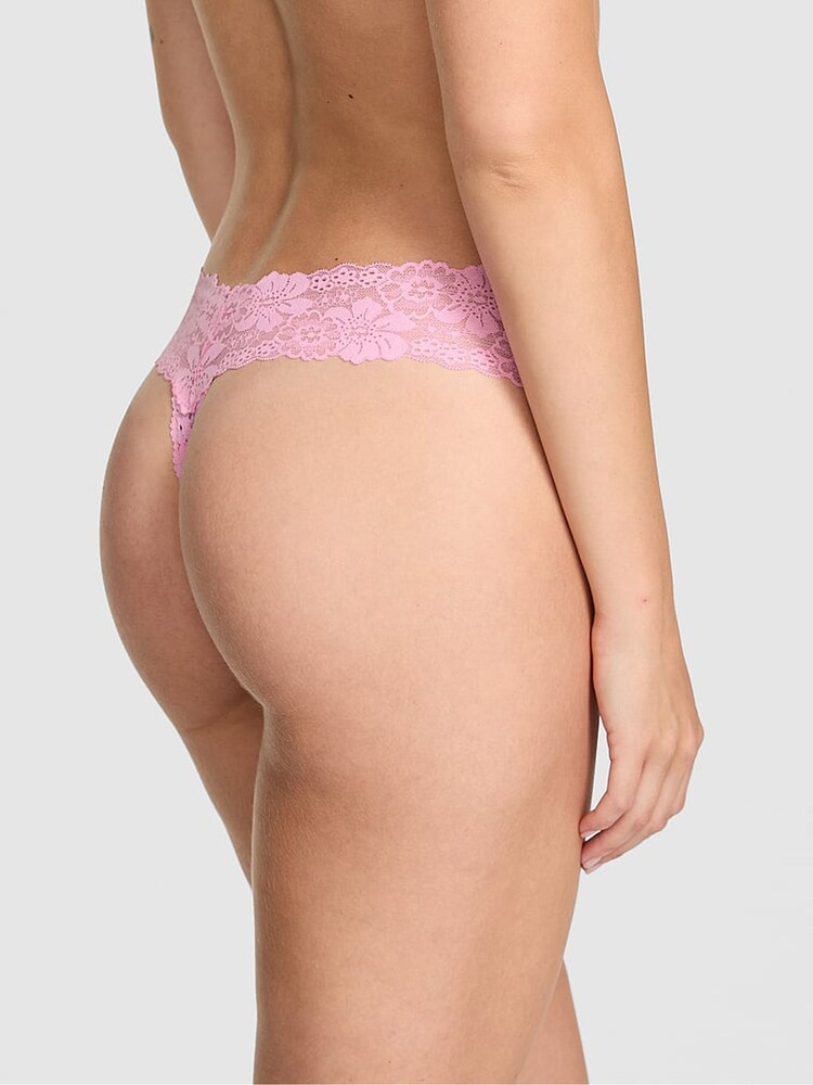 Victoria's Secret PINK Pink Floral Print Thong Lace Rib Knickers - Image 2 of 2 Victoria's Secret PINK Pink Floral Print Thong Lace Rib Knickers - Image 2 of 2