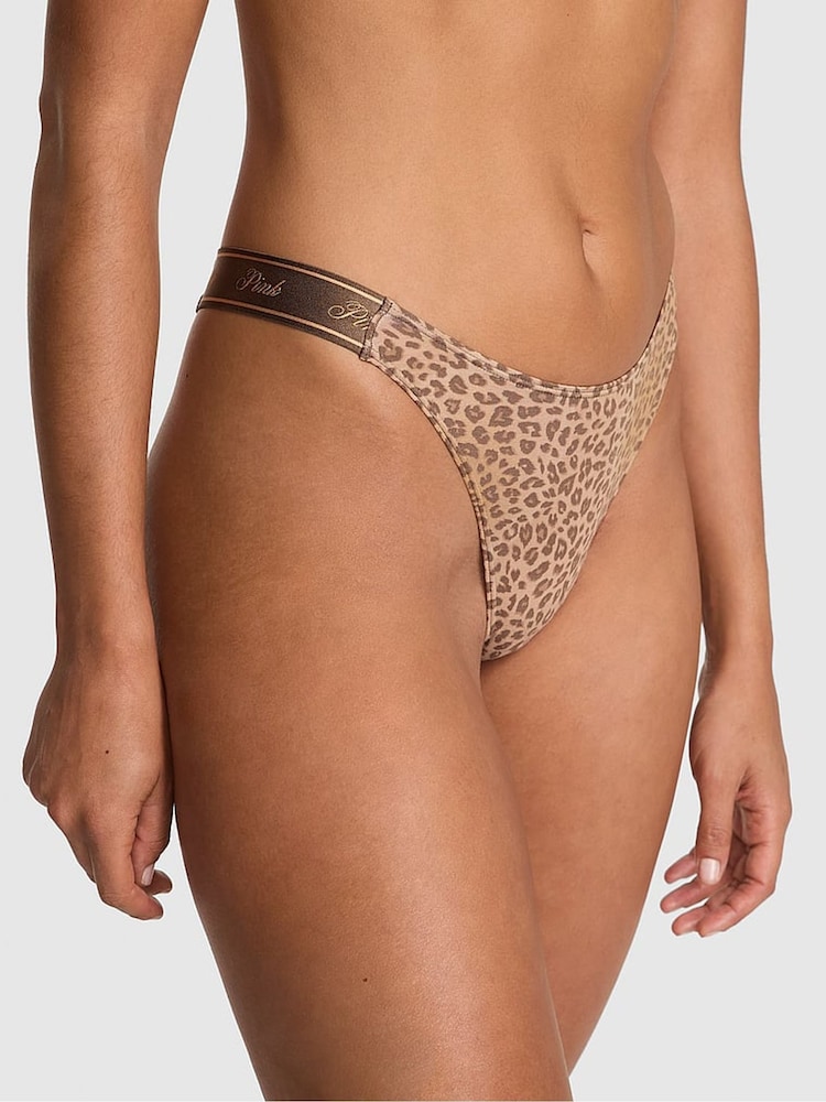 Victoria's Secret PINK Brown Leopard Thong Cotton Logo Knickers - Image 1 of 2