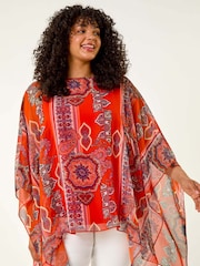 Roman Red Curve Ikat Paisley Asymmetric Overlay Blouse - Image 1 of 5