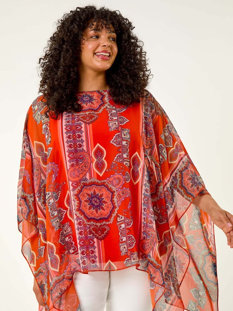 Roman Red Curve Ikat Paisley Asymmetric Overlay Blouse - Image 1 of 5