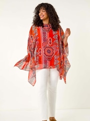 Roman Red Curve Ikat Paisley Asymmetric Overlay Blouse - Image 2 of 5