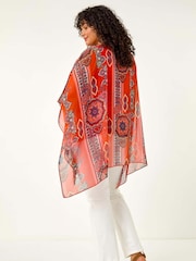 Roman Red Curve Ikat Paisley Asymmetric Overlay Blouse - Image 3 of 5