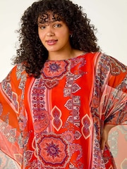 Roman Red Curve Ikat Paisley Asymmetric Overlay Blouse - Image 4 of 5